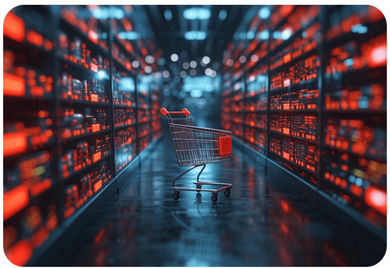 Server corridor with lighting and a cart in the middle, symbolizing tech-security contrast in Austin & Dallas, TX