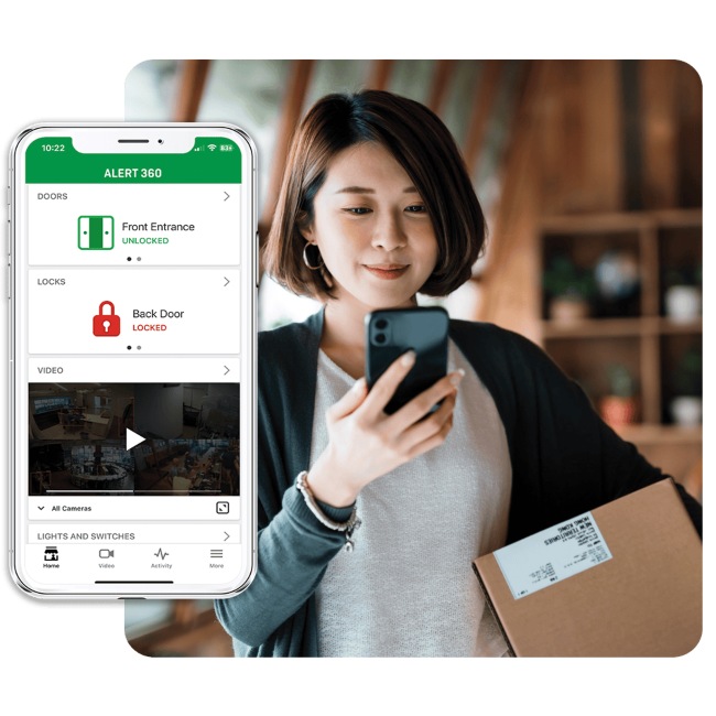 Smartphone app shows door lock status and camera feed for home security in Austin & Dallas, TX