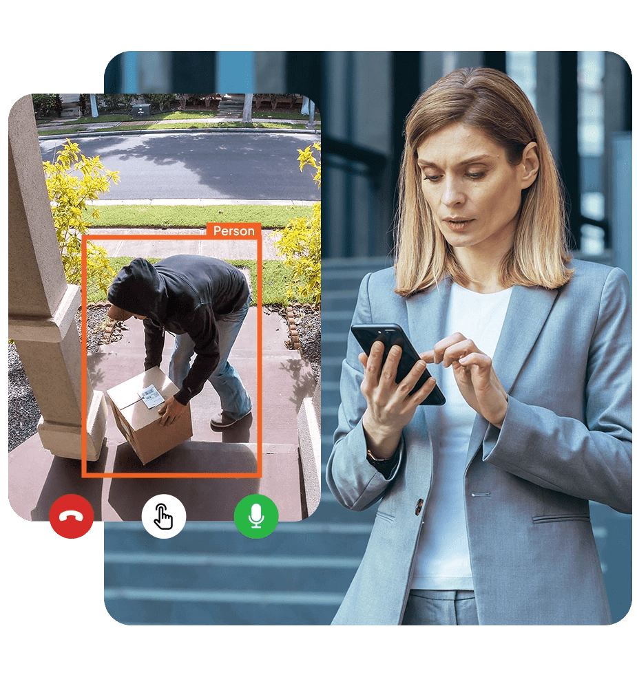 A working professional woman is checking the CCTV footage of her house in Austin and Dallas, TX