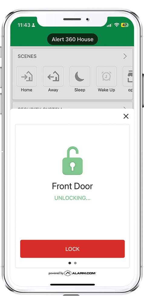 Alert 360 app showing smart lock control on a phone