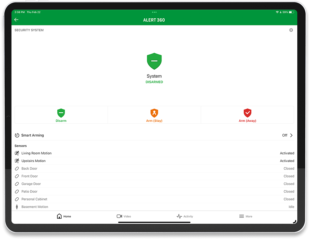 Alert 360 security system panel showing connected sensors