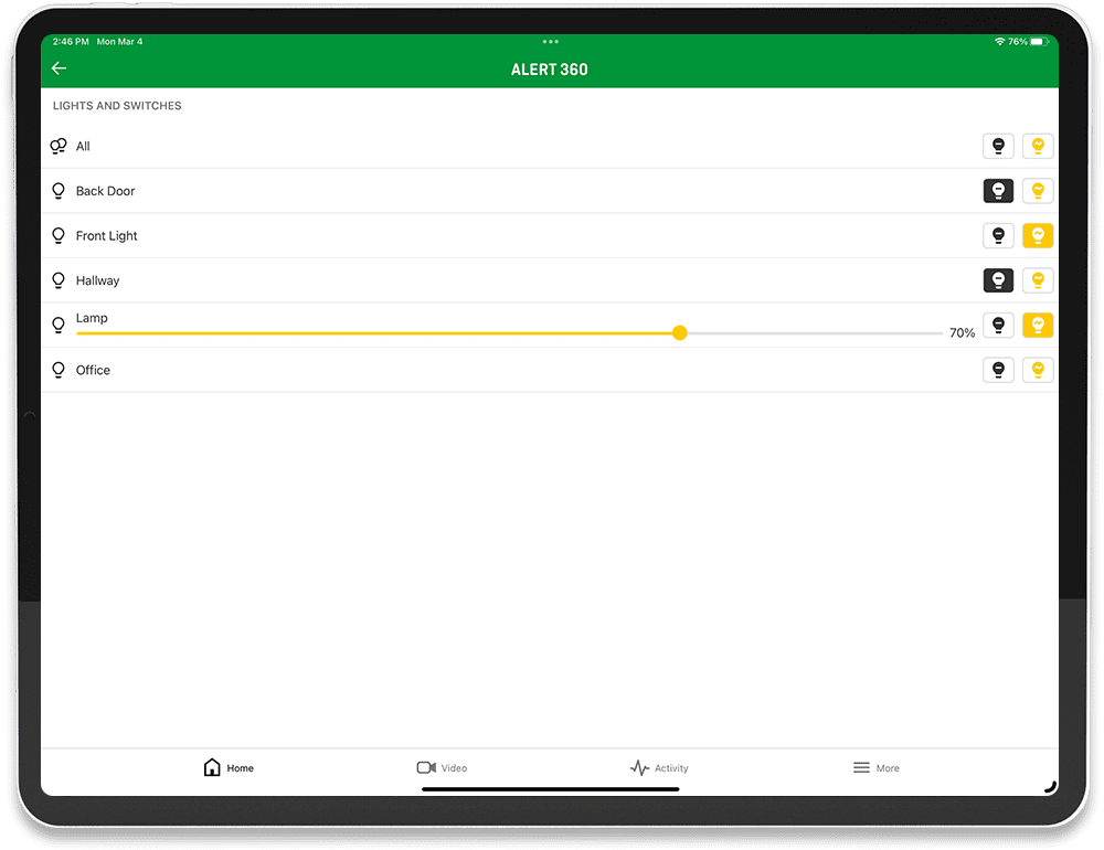 Alert 360 lighting schedules and controls on a tablet