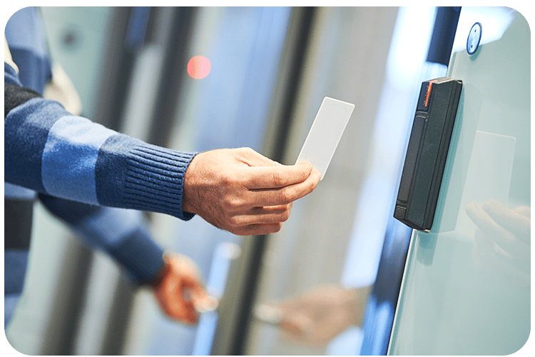 Business access control card reader at a glass door