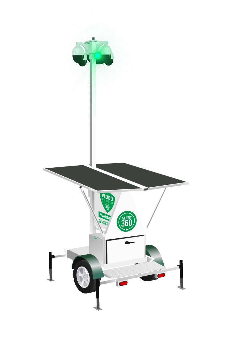 Animated mobile surveillance unit showing mast, cameras, and monitored coverage