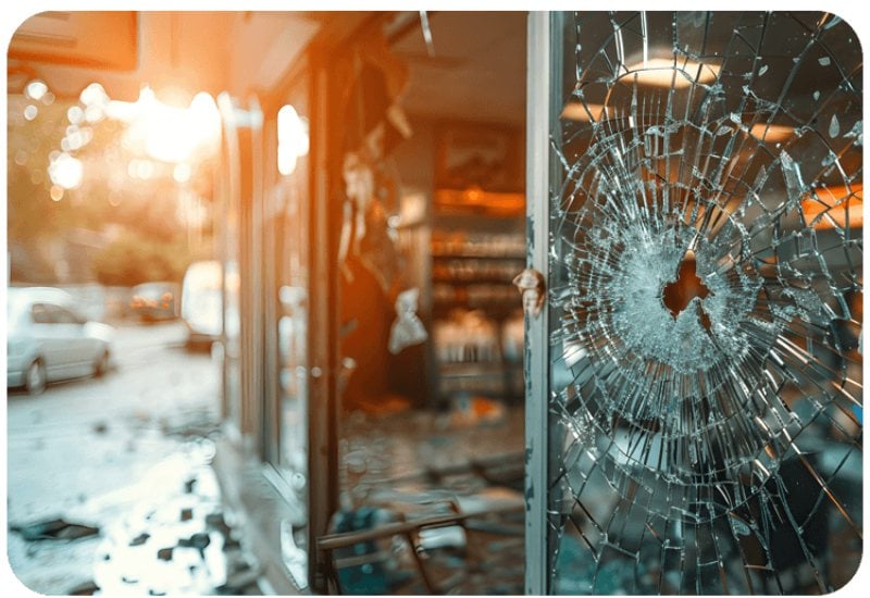 Broken storefront glass showing a business intrusion risk