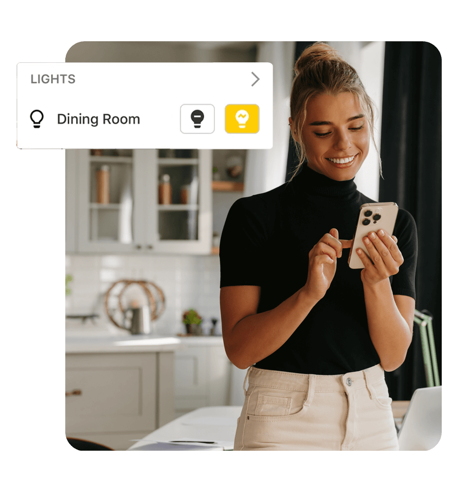 Woman controlling smart lighting from her phone