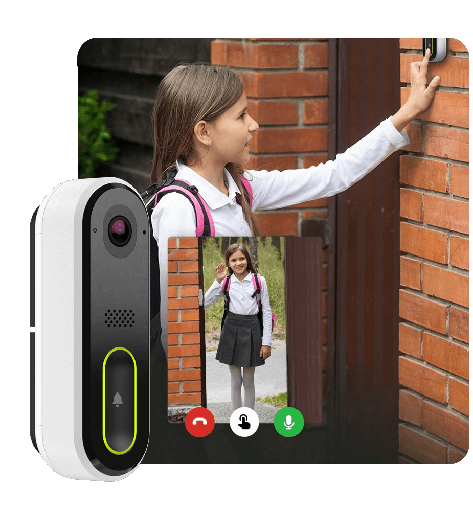 Child ringing the doorbell while Alert 360 smart video doorbell camera records