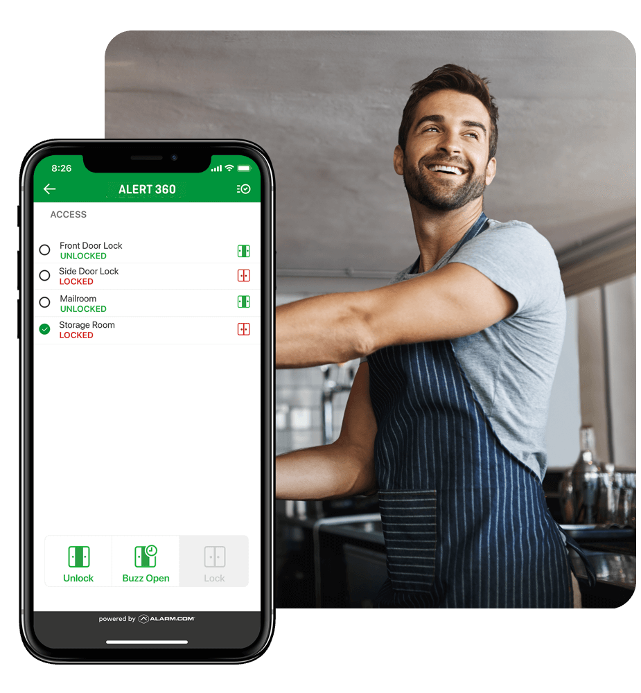 Alert 360 mobile access control screen for managing doors and credentials