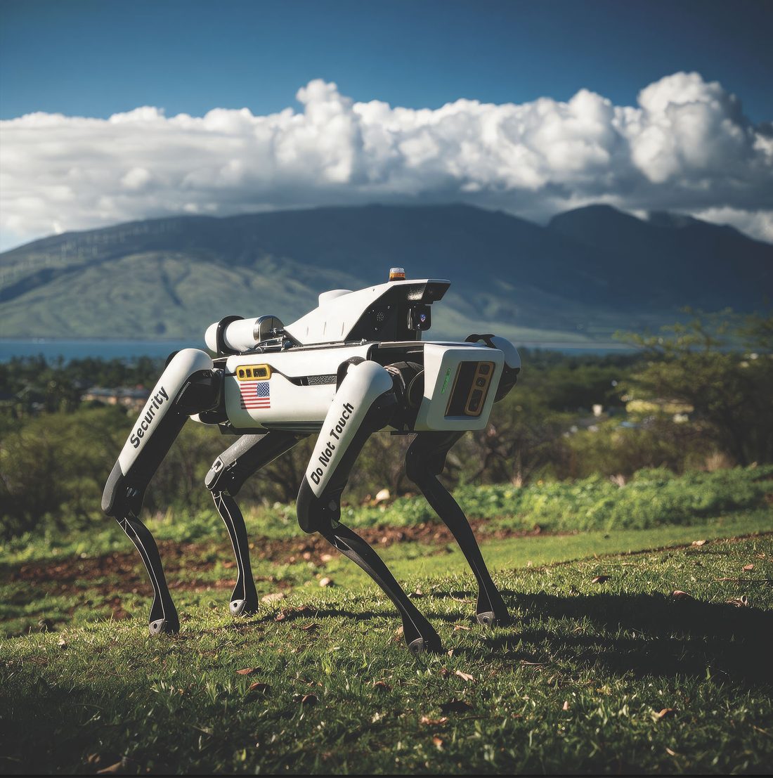 DroneDog robot in Alert 360 livery patrolling grassy hillside terrain